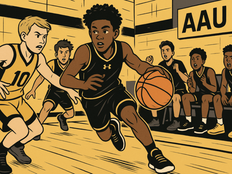 Youth basketball player driving to the basket during an intense AAU game with teammates and defenders reacting.